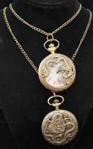 (2) Brass-Toned Chinese Luck Dragon Pocket Watch