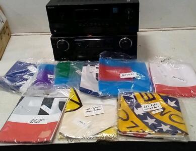 Sony Digital/Audio Controller (Part#8851792. Turns On.) Aiwa Super T-Bass Stereo Receiver. (9)Various Flags (Welcome Home, Smog Check, Yellow Ribbon, etc.)