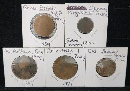 (1) 1889 Great Britain Half Pennt Coin (1) 1891 Great Britain One Penny Coin (1) 1921 Great Britain One Pennt Coin (1) Germany Kingdom of Prussia Silber Groschen Coin (1) Old Known Brass Coin