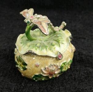 2" Tall Dragonfly Lily Pad Enameled Metal Rhinestone Trinket Box