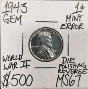 1943 MS67 Mint Error WWII Gem Steel Cent