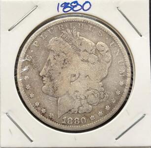1880 Morgan Silver Dollar Coin, Philadelphia Mint, 90% Silver