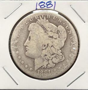 1881 Morgan Silver Dollar, Philadelphia Mint, 90% Silver, No Mint Mark