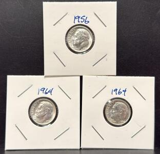 (3) 1964 and 1956 Roosevelt Silver Dimes, 90% Silver Composition