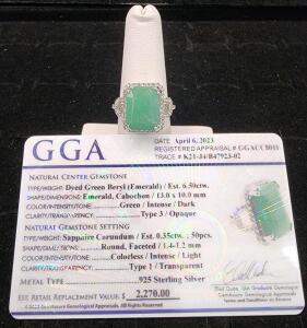 (1) Size 8 Dyed Green Beryl Emerald Cabochon Emerald .925 Ring W/ GGA Card