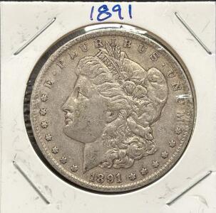 1891 Morgan Dollar Coin, United States Mint, 90% Silver, Lady Liberty Design