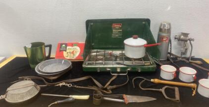 Coleman Portable Camp Stove 21x12 / Vintage Boy Scout Meal Kit / Stainless Steel Coffee Container / Grinder and Much More
