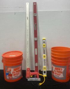(3) 5 Gallon Buckets / 4ft Level / 2ft Level / Working Master Mechanic Electric Fastener