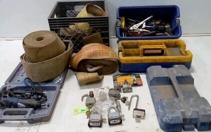 Dremel Tool (Model 300 /Works.) (6) Kinedyne Polyester Heavy Duty Lifting Slings. Toll Ozz Of Misc Tools. Lot Of Locks (With Keys.)
