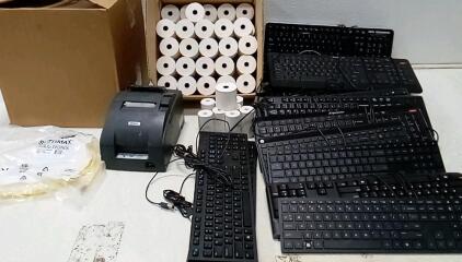 LOT Of USB Keyboards (12.) Point Of Sale Printer (Epson/Turns On) + 55 Rolls Of POS Paper. (49) Cat5 Patch Cables.
