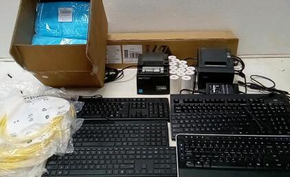 (2) Point Of Sale Receipt Printers (Epson & Star / Both Turn On.) 13 Rolls Of Receipt Paper. (6) USB Keyboards. (100) Disposable Personal Protection PPE Gowns.(1) Shenghui Photo Backdrop Stand. (9) Cat5 Patch Cables + More.