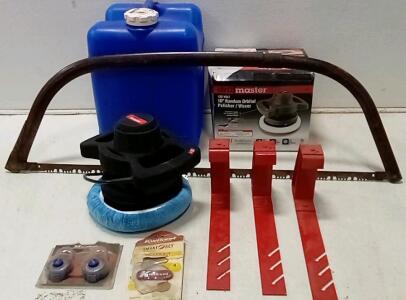 Drill Master 10" Orbital Polisher. (3) Qualcraft Fixed Roof Brackets. Giant Steel Bow Saw. Kwikset Rekey Kit. +More.