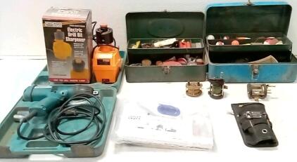 Makita 1/2" Impact Wrench (Electric / Works. Mod#6904.) Chicago Drill Bit Sharpener (Turns On / Mod#90287.) Misc Fishing Gear. (3) Cooler Shock Reusable Ice Packs. Toll Belt Pouch.