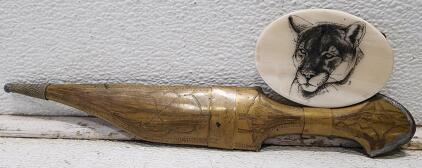 (1) Handmade Scrap Metal Arabian-Style Dagger Knife (1) Vintage Cougar Belt Buckle
