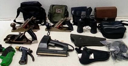 Tasco 10x40 Binoculars. Craftsman Electric Stapler (Mod# 193.684810. / Turns On, Works) 4 Misc Cases. (2) Vintage Stanley Bench Planers. 2 Holsters. +More.
