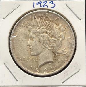 1923 Peace Dollar Coin, Silver, 0.8594 troy oz, 1.5 inches diameter