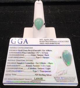 (1) Size 6 Dyed Green Beryl Pear Cabochon Emerald .925 Ring W/ GGA Card