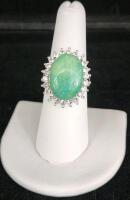 (1) Size 7 Dyed Green Beryl Oval Cabochon Emerald .925 Ring - 8