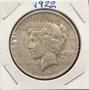 1922 United States Peace Dollar, 90% Silver, 1.5 in Diameter, $1 Coin