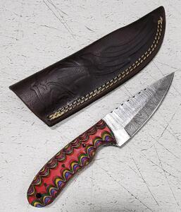 (1) Fixed Blade Damascus Steel Hunting Knife With Wood Handle And Sheath