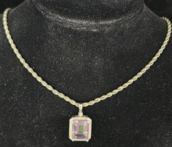 (1) Emerald-Cut Mystic Topaz Pendant .925 Necklace