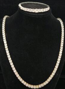 (1) Vintage Silver-Plated Cubic Zirconia Tennis Necklace (1) Silver Toned Cubic Zirconia Bangle Bracelet