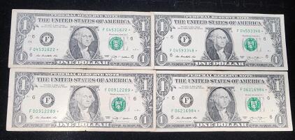 (2) 2013 Series Federal Reserve Note Star Serial One Dollar Bill (2) 2009 Series Federal Reserve Note Star Serial One Dollar Bill