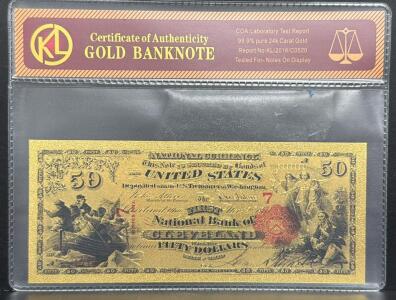 Gold-Plated Replica $50 Banknote, 24k Gold, First National Bank Of Cleveland, COA