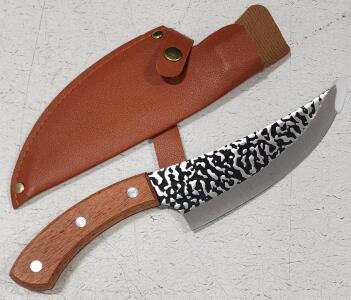 (1) Fixed Handforged Blade Meat Knife With Wood Handle And Sheath