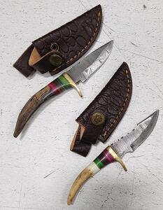 (2) Fixed Blade Damascus Steel Knife With Wood And Stag Handle And Sheaths