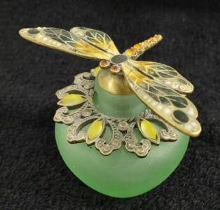 2&frac12;" Tall Vintage (Green) Frosted Glass Perfume Bottle w/ a Decorative Pewter Dragonfly Topper