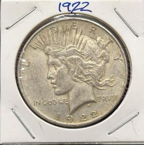 1922 United States Peace Dollar, 90% Silver, Lady Liberty and Bald Eagle Design