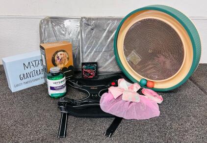 Pets Lot Including: XL Harness, Cat Collars And Toy, Small Pet Dress Harness, (2) New Pet Carrier Bags, Hair Clippers, Digestive Pills and More