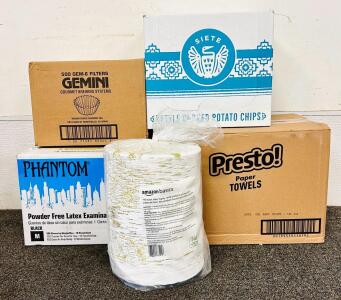 Mixed Box with Phantom Gloves, Curtis Filters, Siete Chips, Presto Towels