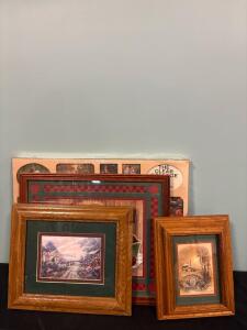 Wall Art Lot (1) Multi Photo Picture Frame 15&rdquo;x20&rdquo; (1) Apple Themed Framed Photo 14&rdquo;x16&rdquo;, (2) Country Landscape Framed Pictures 11&rdquo;x13&rdquo; And 8&rdquo;x11&rdquo;
