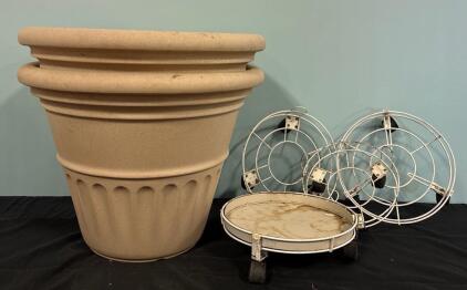 Gardening Lot (2) Large Out Door Planters And (4) Metal Plant Caddys