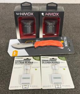 Bundle: Moultrie SD Card Reader Gen 2, HMDX AMP Bluetooth Speaker, Outdoor Edge FieldSkin Knife