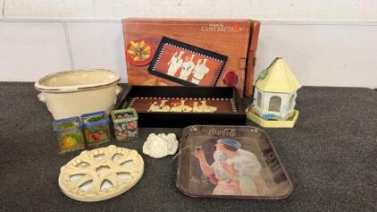 Vintage Coca-Cola Tray & Decorative Collectibles Set with Lion Head, Art Deco