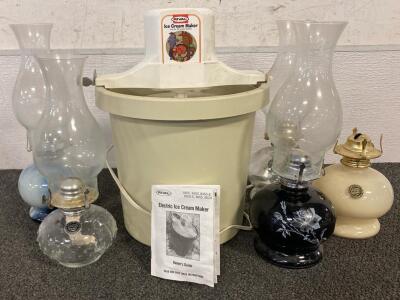 Rival 4-Quart Electric Ice Cream Maker, (5) Vintage Lamplight Farms Glass Oil Lamps