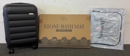 (1) Snail White Black Luggage, (1) Portable Wardrobe Storage, And (1) Stone Bath Mat