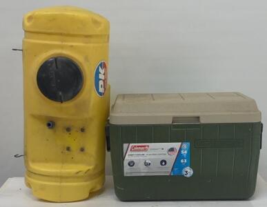 (1) Coleman 48-Quart (45-Litre) Performance Cooler In Olive Green And (1) Yellow Turf Sprayer Manufactured By PDK Mfg. Corp