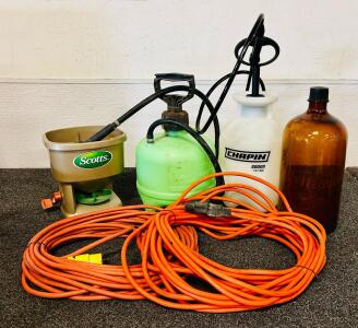 Scott's Handheld Seed Spreader, (2) Weed Sprayer Containers, (2) Extension Cords, and Glass Jug
