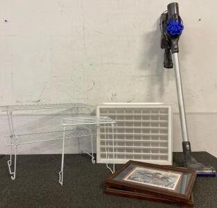 Cordless Dyson Vacuum With Charger And Attatchments, Mini-Drawer Organizer, Stackable Racks And Picture Frames