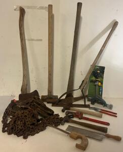 Tools Including Pulley, Axe, Sledgehammer, Pickaxe, Hoe, Small Hand Tools & More