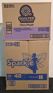 Quilted Northern Ultra Plush 32 Mega Roll Pack Toilet Paper, Sparkle Paper Towel 24 Double Roll Pack