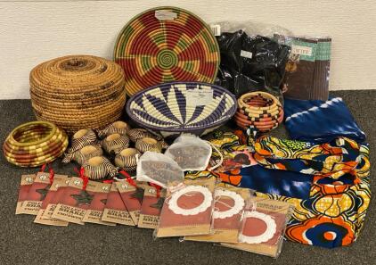 Full Circle Exchange Handmade Rwanda Woven Baskets, Ornaments, Sarong, Fabric Bag, Wooden Zebra Napkin Rings, Cards And More