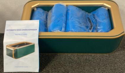 Automatic Shoe Cover Dispenser, Fashion and Clean, Green, includes instruction manual and shoe covers, dimensions approx. 16 x 7 x 5 inches (40.6 x 17.8 x 12.7 cm), weight approx. 4 lbs (1.8 kg), material plastic and metal, capacity approx. 50-100 covers,