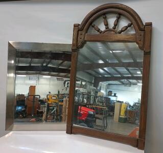 (2) Framed Mirrors, One With A Brushed Steel Frame 33 1/2" x 27" One With A Decorative Wooden Frame 28" x 47"