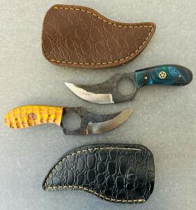 Custom Fixed Blade Knives, Carbon Steel, Wood & Resin Handles, Leather Sheaths