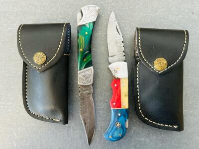 Damascus Steel Folding Pocket Knives, Multi-colored Resin Handles, Leather Sheaths